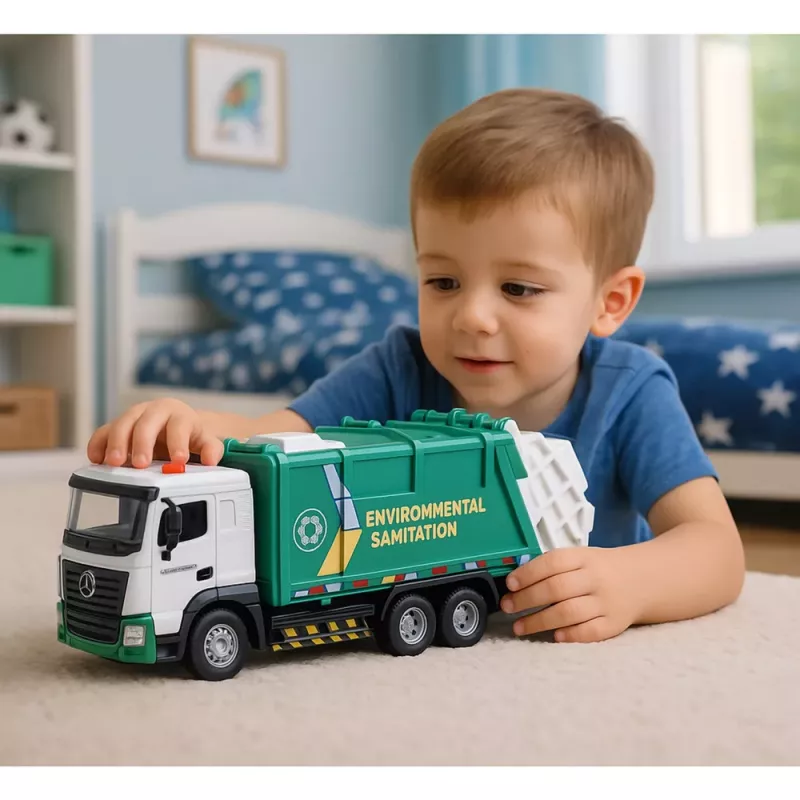 LEAN TOYS Śmieciarka dla Dzieci Metalowa Kabina Kosz Światła Dźwięki Zielony
