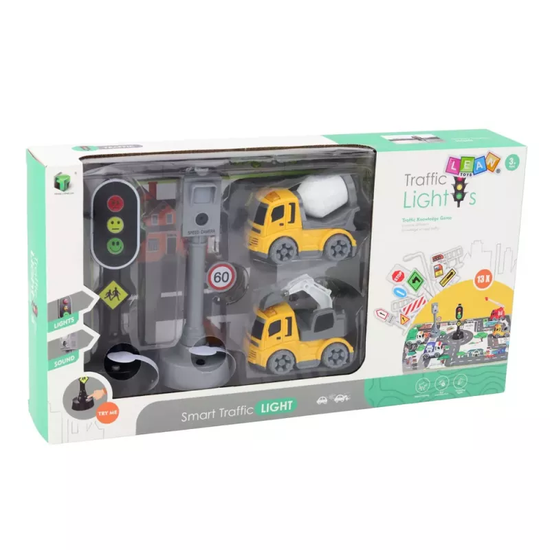 Zestaw LEAN TOYS: Sygnalizacja świetlna, fotoradar, mata, pojazdy budowlane, światła i dźwięki