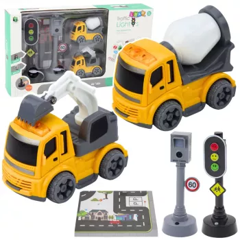 Zestaw LEAN TOYS: Sygnalizacja świetlna, fotoradar, mata, pojazdy budowlane, światła i dźwięki