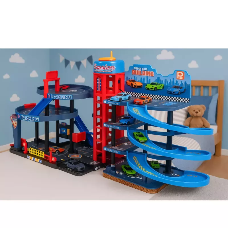 LEAN TOYS Parking Lot with Cars, 4 Level Track, 8 Metal Vehicles, Stickers