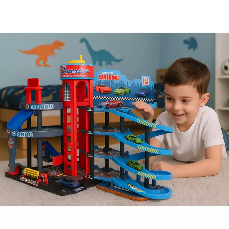 LEAN TOYS Parking Lot with Cars, 4 Level Track, 8 Metal Vehicles, Stickers