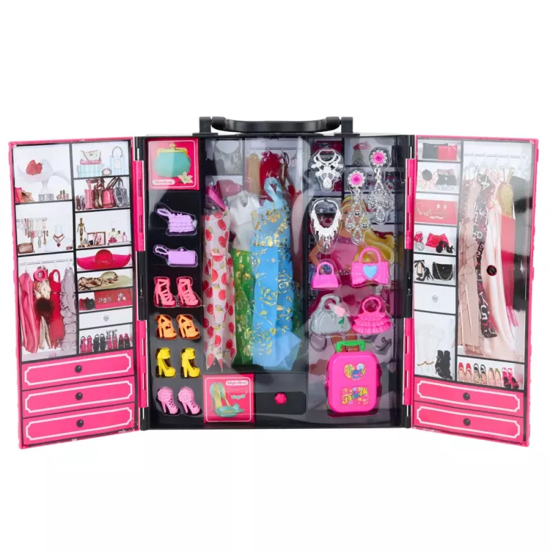 LEAN TOYS Różowy zestaw szafy dla lalek, sukienki, buty, akcesoria