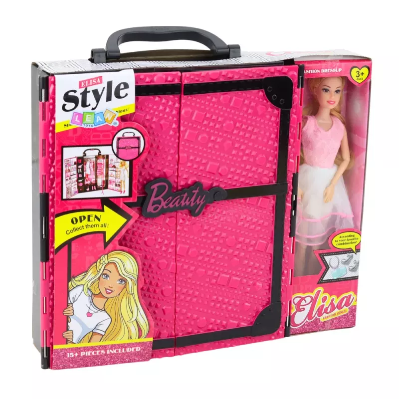 LEAN TOYS Różowy zestaw szafy dla lalek, sukienki, buty, akcesoria
