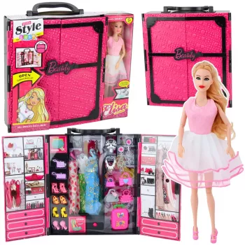 LEAN TOYS Różowy zestaw szafy dla lalek, sukienki, buty, akcesoria