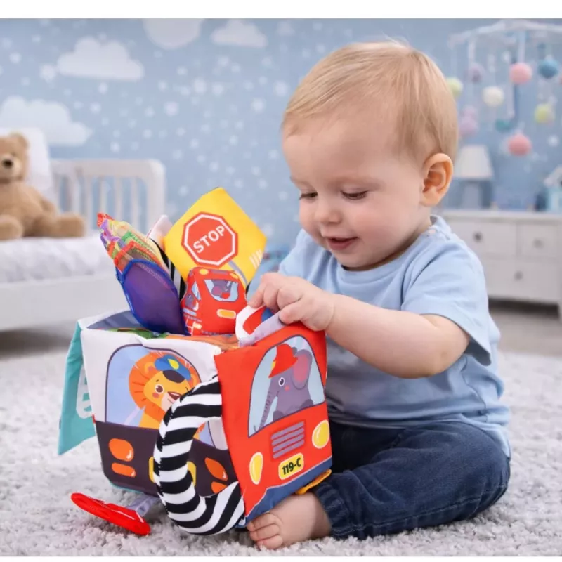 LEAN TOYS Miękka kostka sensoryczna z lusterkiem, samochodami i znakami drogowymi dla maluchów