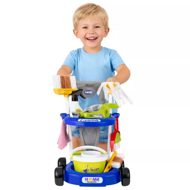 LEAN TOYS Zestaw Sprzątający dla Dzieci z Wózkiem Interaktywnym Odkurzaczem Akcesoriami