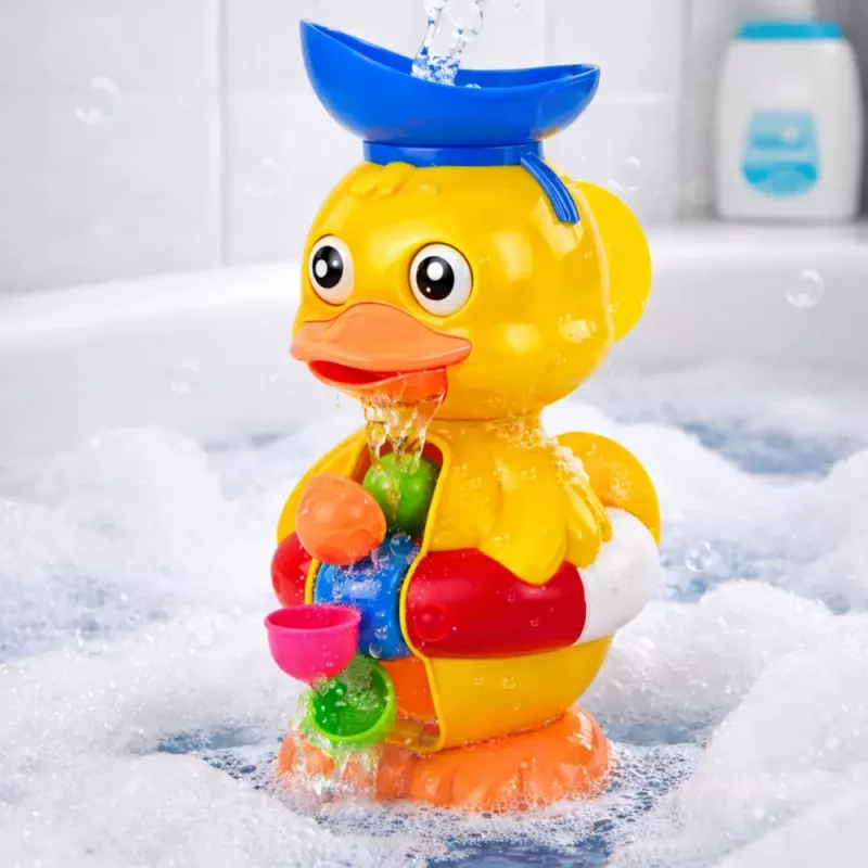 LEAN TOYS Interaktywna zabawka do kąpieli Kaczka z młynek, przyssawkami i łyżeczką