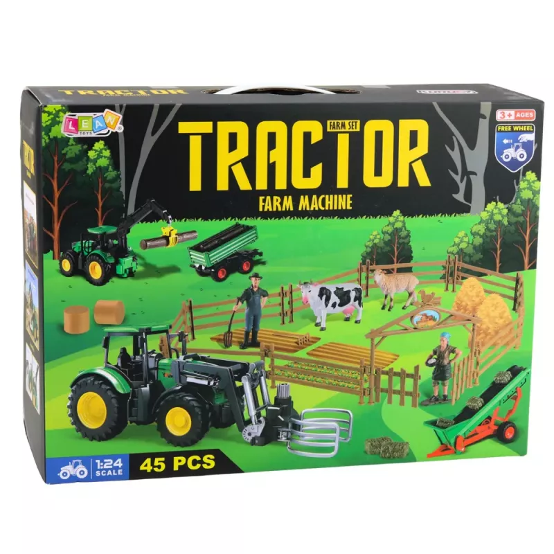 LEAN TOYS Zestaw Rolniczy z Ciągnikiem, Przyczepą, Zwierzętami, Rolnikami, Farma 45 szt.