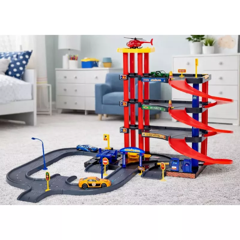 LEAN TOYS Wielopoziomowy Parking 4 Poziomy z Windą Helikopterem Samochodami 70 Elementów