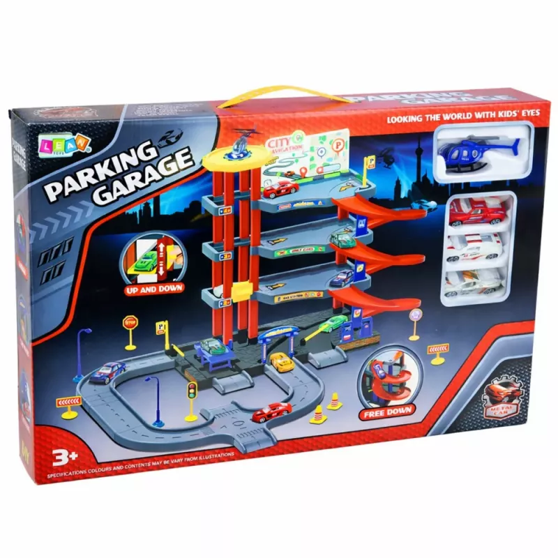 LEAN TOYS Wielopoziomowy Parking 4 Poziomy z Windą Helikopterem Samochodami 70 Elementów