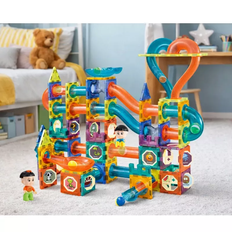 LEAN TOYS Zestaw magnetycznych klocków z torem do kulek i zjeżdżalnią, kolorowy, 188 szt.