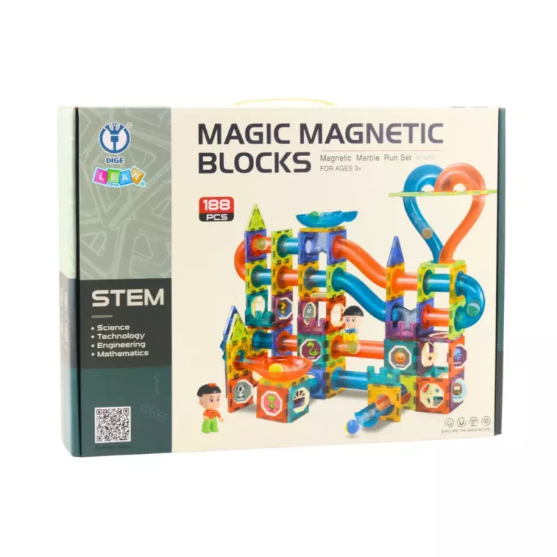 LEAN TOYS Zestaw magnetycznych klocków z torem do kulek i zjeżdżalnią, kolorowy, 188 szt.