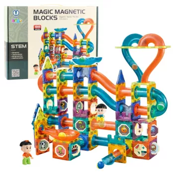 LEAN TOYS Zestaw magnetycznych klocków z torem do kulek i zjeżdżalnią, kolorowy, 188 szt.