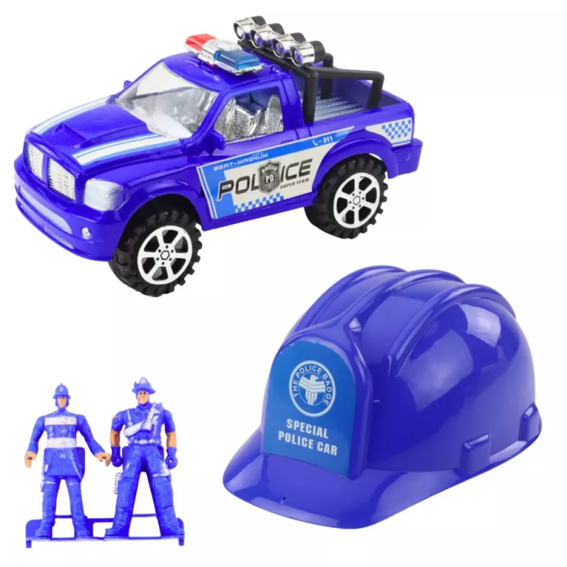 LEAN TOYS Duży zestaw policyjny z autem, figurkami i hełmem dla dzieci, niebieski