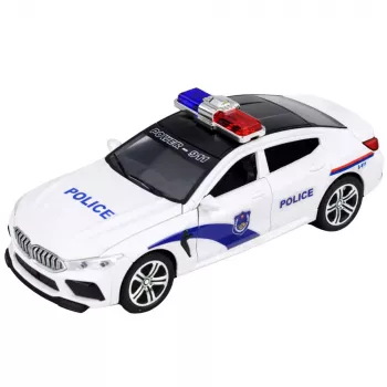 LEAN TOYS Samochód Policyjny z Otwieranymi Drzwiami, Napędem Tarcia, Światłami i Dźwiękami, Biały