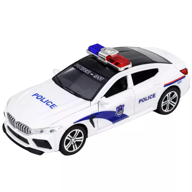LEAN TOYS Samochód Policyjny z Otwieranymi Drzwiami, Napędem Tarcia, Światłami i Dźwiękami, Biały