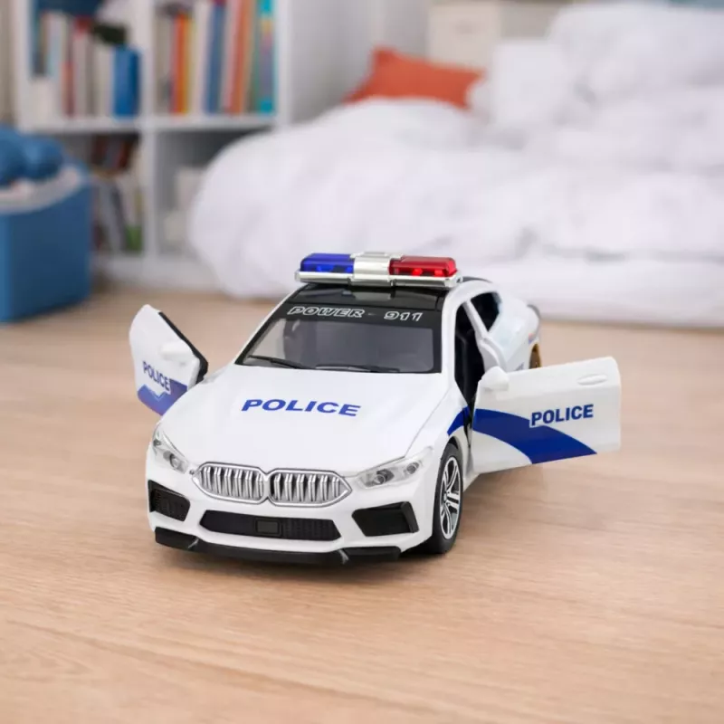 LEAN TOYS Samochód Policyjny z Otwieranymi Drzwiami, Napędem Tarcia, Światłami i Dźwiękami, Biały