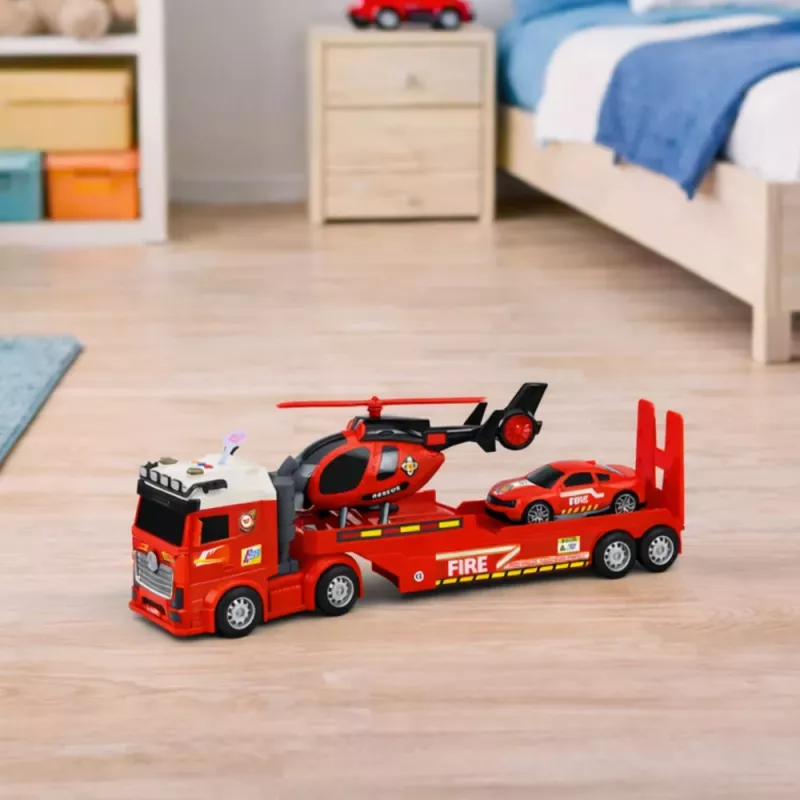 LEAN TOYS Zestaw Strażacki z Wozem Strażackim, Lawetą, Helikopterem, Samochodem, Światłem i Dźwiękiem