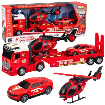 LEAN TOYS Zestaw Strażacki z Wozem Strażackim, Lawetą, Helikopterem, Samochodem, Światłem i Dźwiękiem
