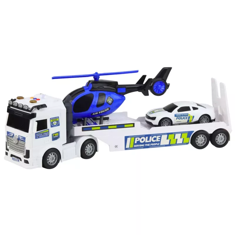LEAN TOYS Zestaw Policyjny: Ciężarówka, Laweta, Samochód, Helikopter z Dźwiękiem i Światłem