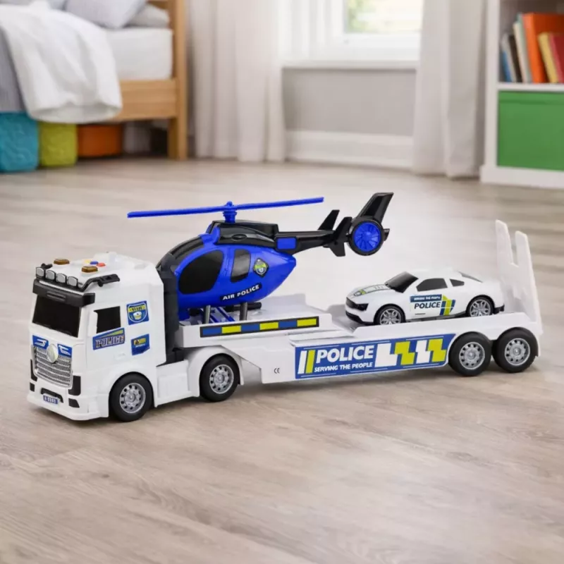 LEAN TOYS Zestaw Policyjny: Ciężarówka, Laweta, Samochód, Helikopter z Dźwiękiem i Światłem