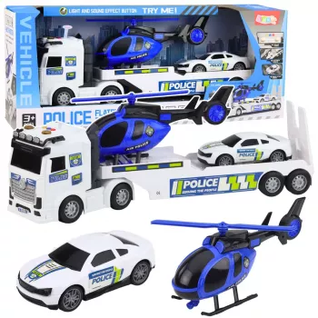 LEAN TOYS Zestaw Policyjny: Ciężarówka, Laweta, Samochód, Helikopter z Dźwiękiem i Światłem