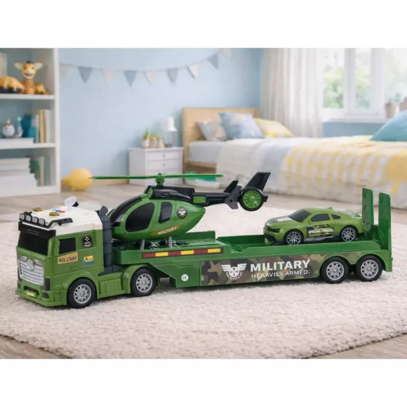 LEAN TOYS Zestaw Wojskowy Ciężarówka Wojskowa Laweta Samochód Helikopter Światła Dźwięk