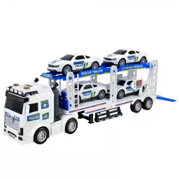 LEAN TOYS Policyjna ciężarówka z lawetą do transportu aut policyjnych z dźwiękami i światłami