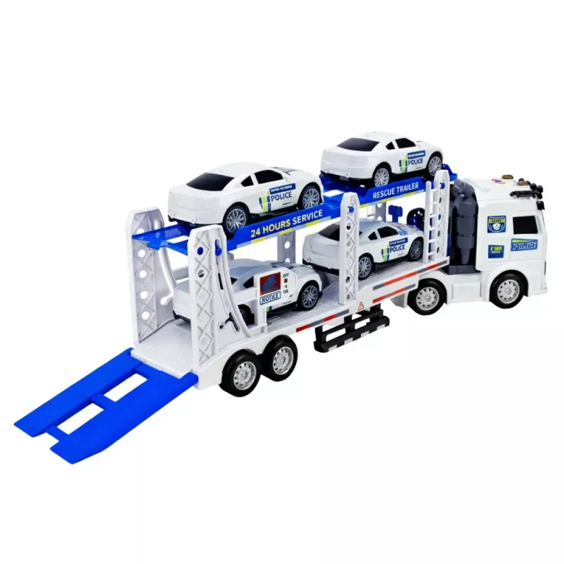 LEAN TOYS Policyjna ciężarówka z lawetą do transportu aut policyjnych z dźwiękami i światłami