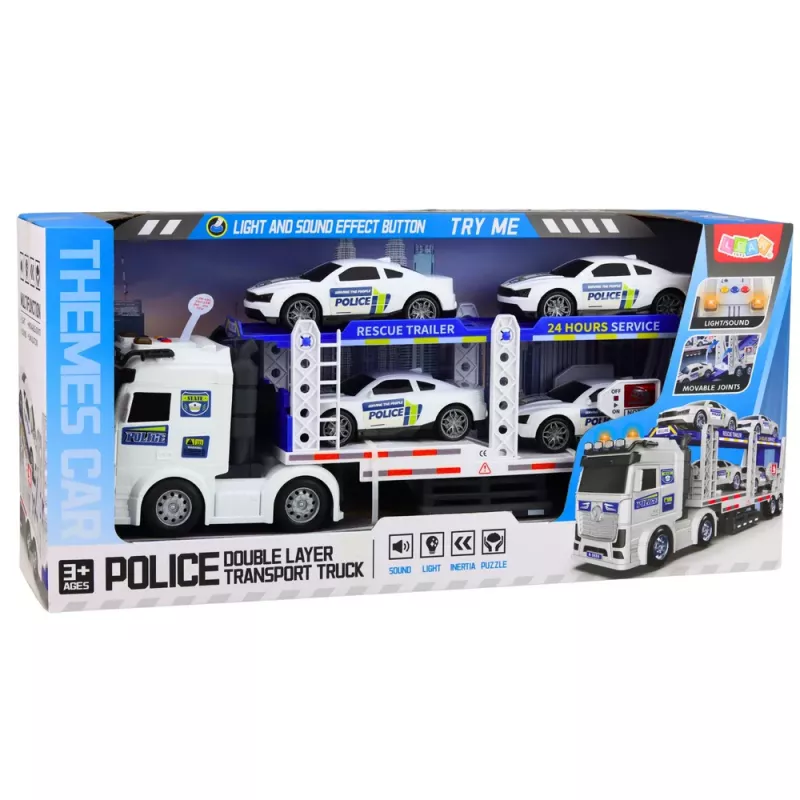 LEAN TOYS Policyjna ciężarówka z lawetą do transportu aut policyjnych z dźwiękami i światłami