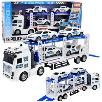 LEAN TOYS Policyjna ciężarówka z lawetą do transportu aut policyjnych z dźwiękami i światłami