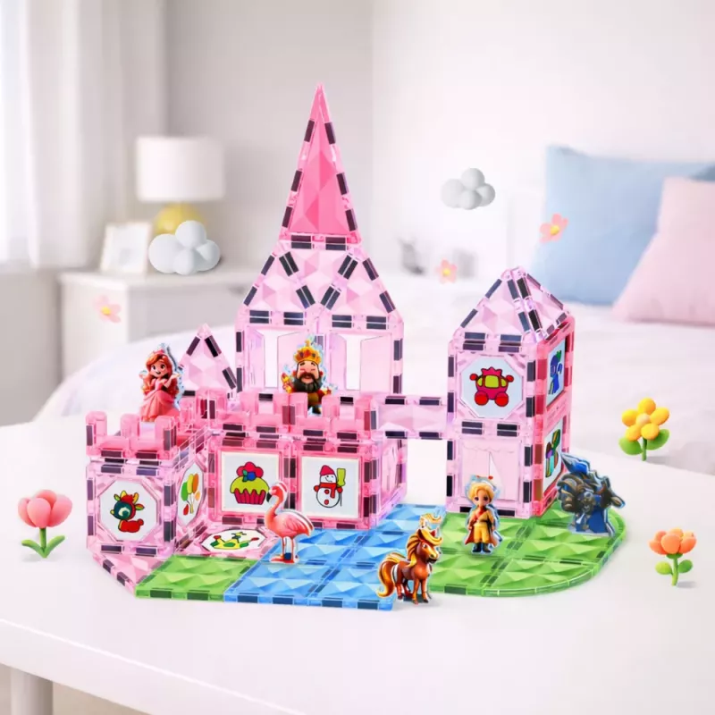 LEAN TOYS Klocki Magnetyczne z Figurkami, Farbami i Kartami do Malowania Różowy 80 szt.