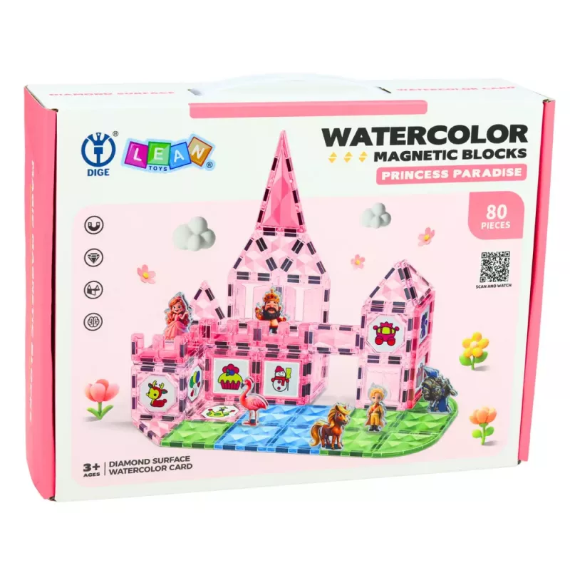 LEAN TOYS Klocki Magnetyczne z Figurkami, Farbami i Kartami do Malowania Różowy 80 szt.