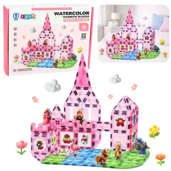 LEAN TOYS Klocki Magnetyczne z Figurkami, Farbami i Kartami do Malowania Różowy 80 szt.