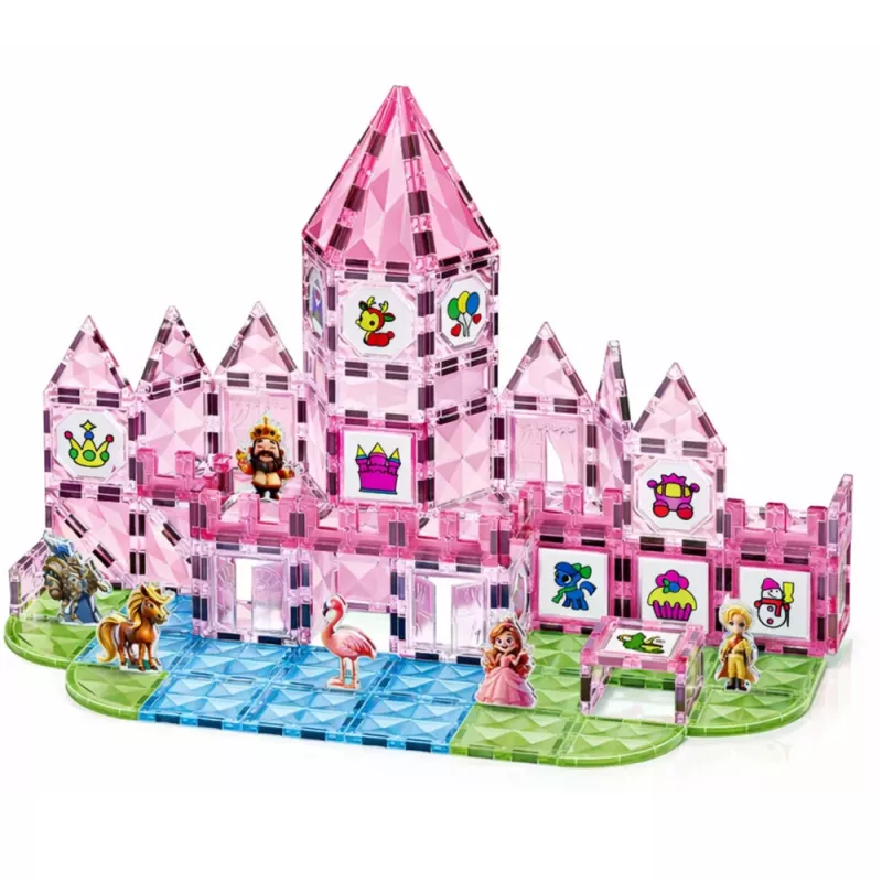 LEAN TOYS Klocki magnetyczne z figurkami, farbami i kartami do malowania Różowy 142 szt.