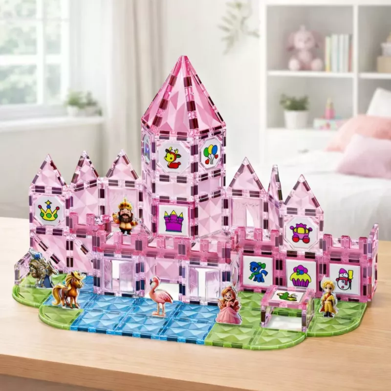 LEAN TOYS Klocki magnetyczne z figurkami, farbami i kartami do malowania Różowy 142 szt.