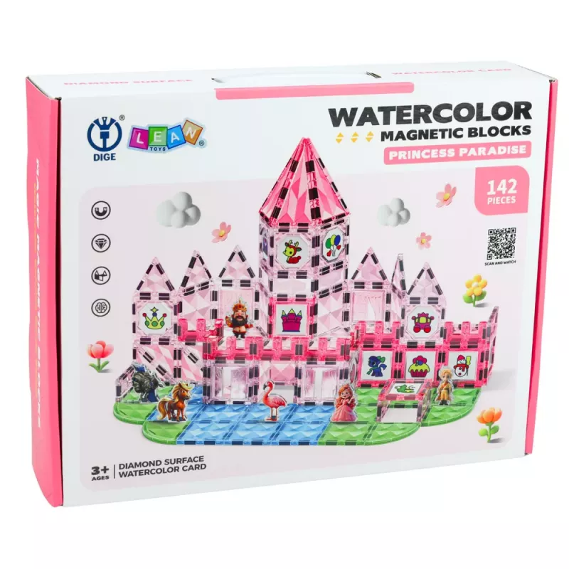 LEAN TOYS Klocki magnetyczne z figurkami, farbami i kartami do malowania Różowy 142 szt.