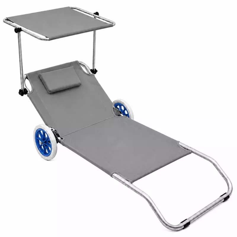LEAN Garden Beach Deckchair na Kółkach ze Składanym Daszkiem, Aluminium, Szary