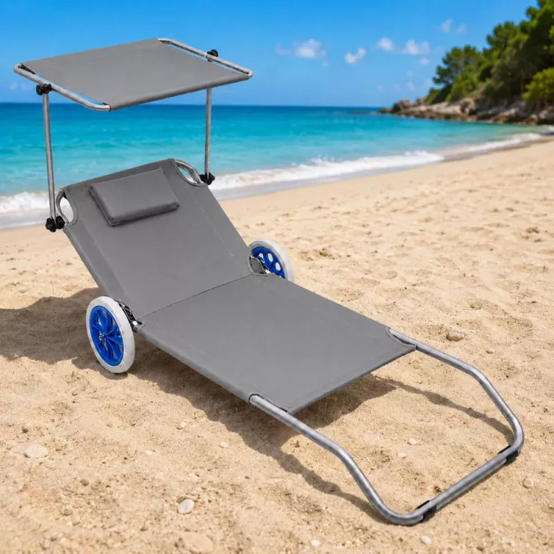 LEAN Garden Beach Deckchair na Kółkach ze Składanym Daszkiem, Aluminium, Szary