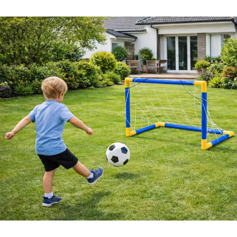 Zestaw sportowy LEAN TOYS do gry w piłkę nożną, bramka, piłka, pompka 62x40cm