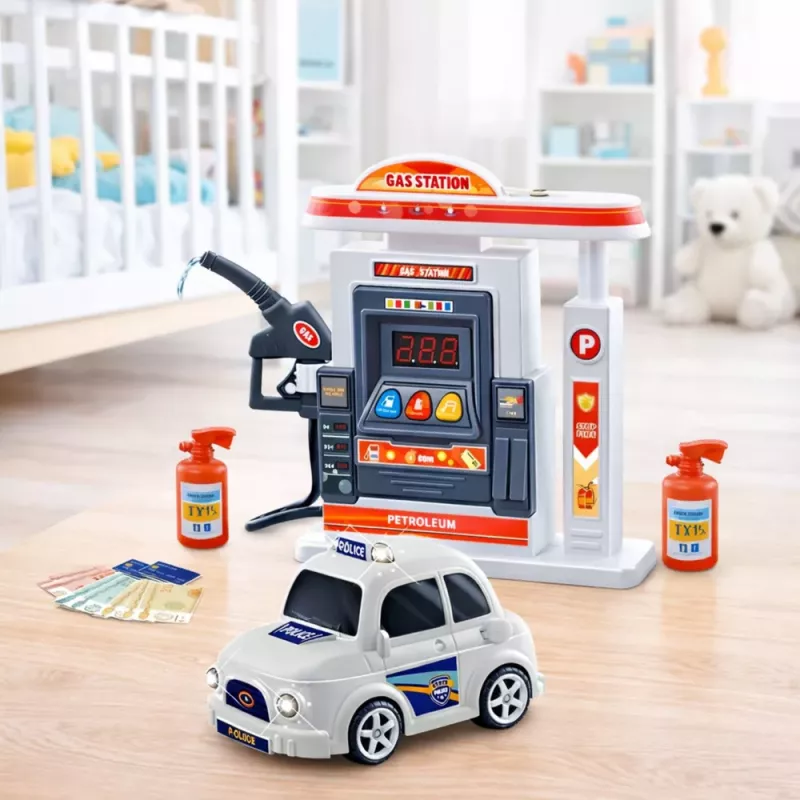 LEAN TOYS Interaktywny Samochód Policyjny ze Stacją Paliw – Światła, Dźwięki i Dym