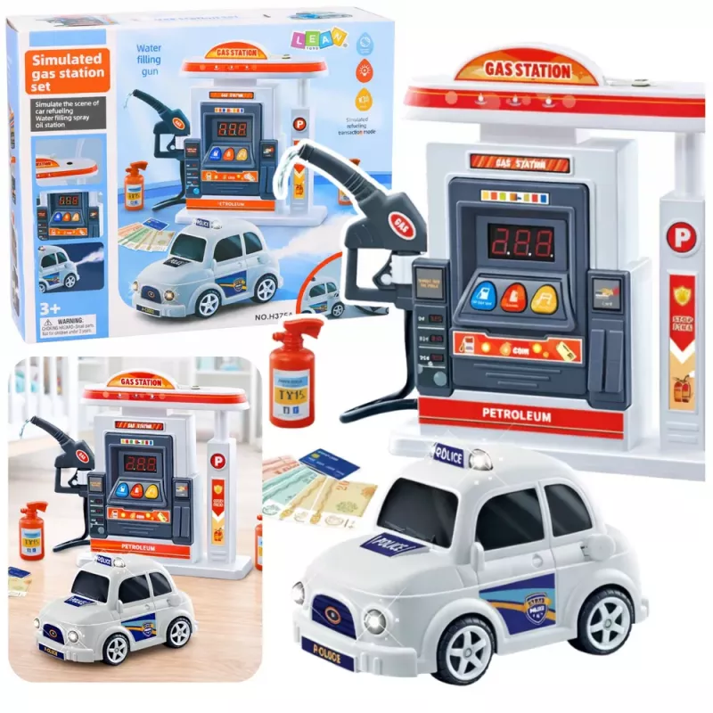 LEAN TOYS Interaktywny Samochód Policyjny ze Stacją Paliw – Światła, Dźwięki i Dym