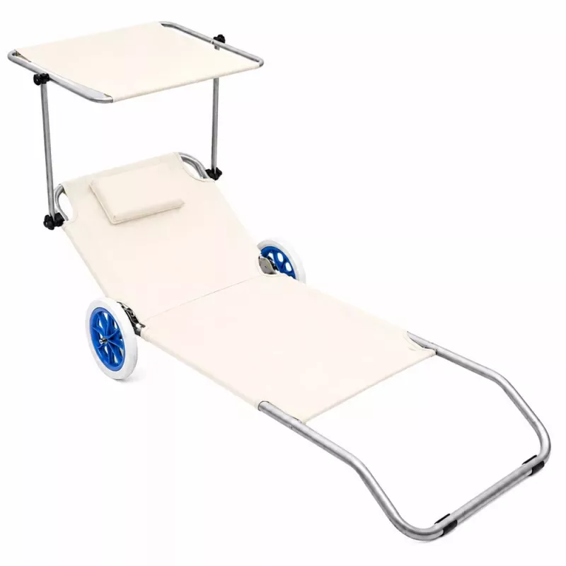 LEAN Leżak plażowy na kółkach, ogrodowy, składany, aluminiowy daszek, kremowy