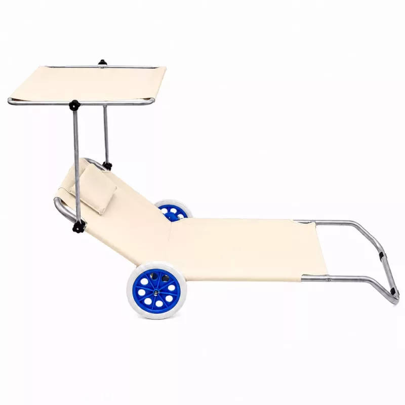 LEAN Leżak plażowy na kółkach, ogrodowy, składany, aluminiowy daszek, kremowy