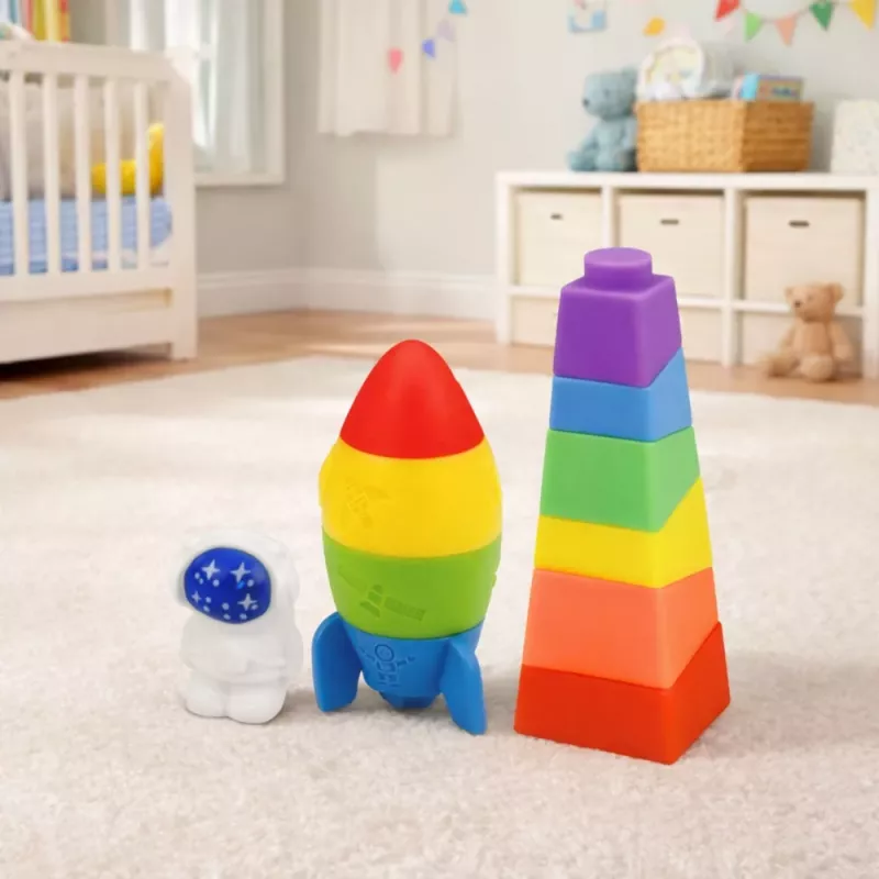 LEAN TOYS Zestaw gumowych klocków Wieża Rakieta Kosmonauta Kolorowe 11 szt.