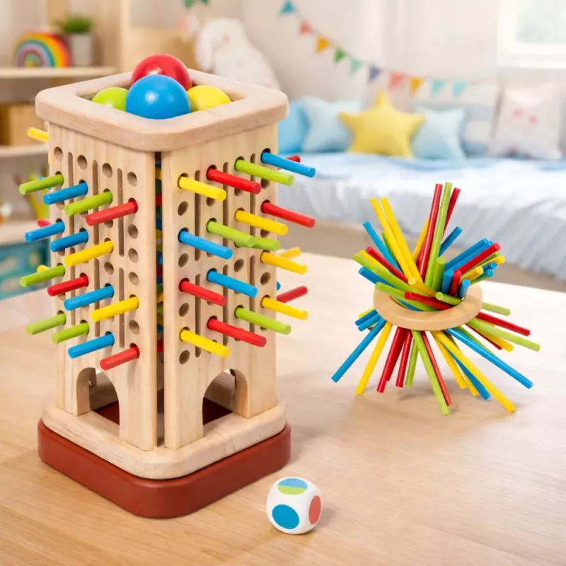 LEAN TOYS Drewniana Edukacyjna Gra Zręcznościowa Wieża Kije Piłki Kości 37 elementów