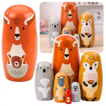 LEAN TOYS Zestaw Drewnianych Lalek Matrioszek Puzzle Leśne Zwierzęta 6 szt.