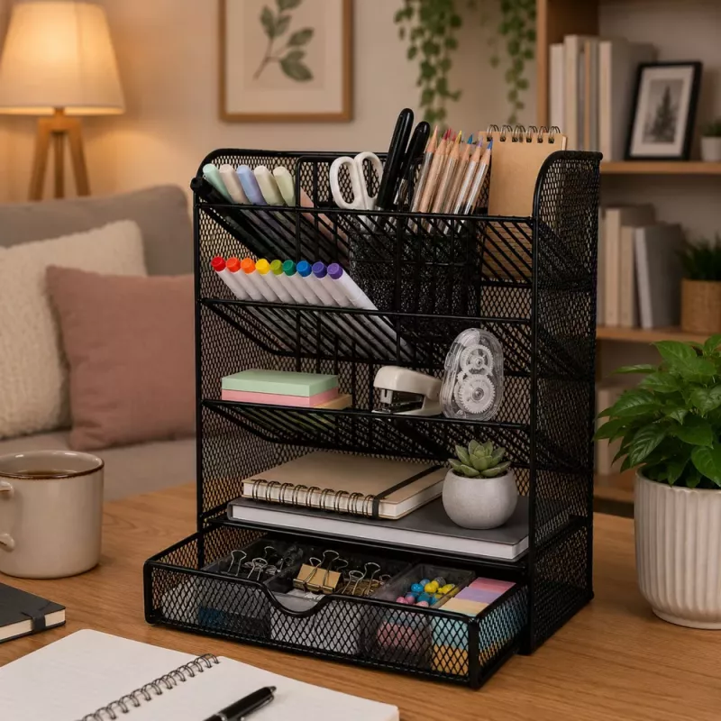 LEAN TOYS Metalowy Organizer Biurkowy na Długopisy i Akcesoria, Czarny