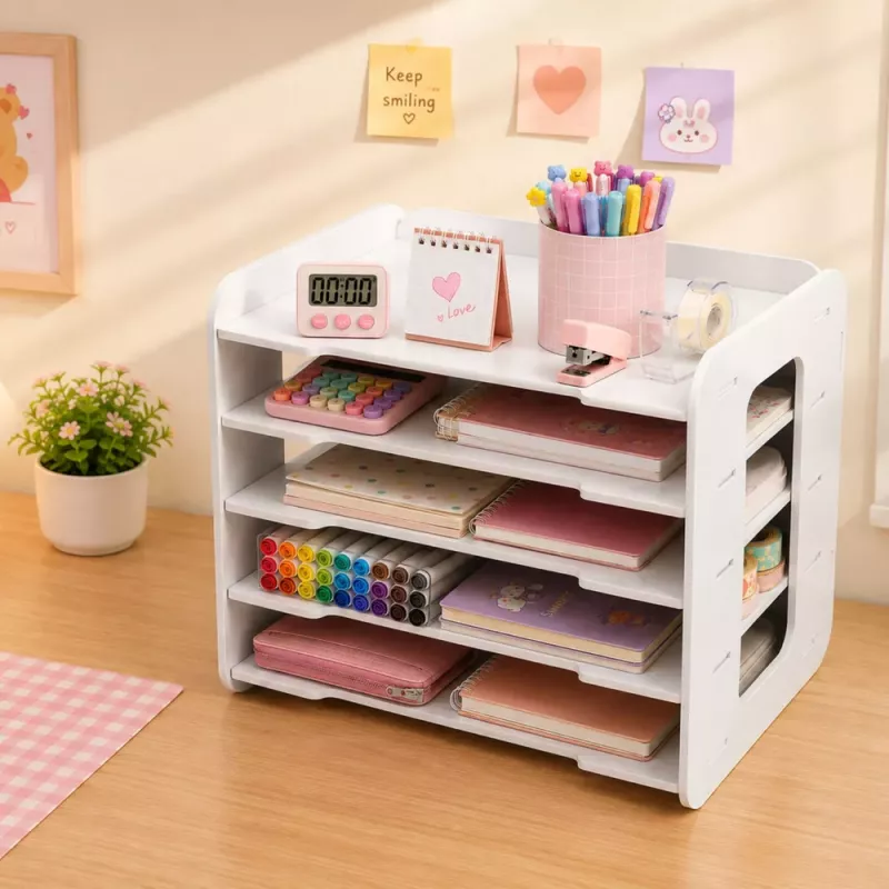LEAN TOYS Organizer biurowy na biurko, drewniane półki na dokumenty A4, biały