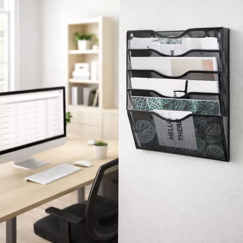 LEAN Metal Organizer for Documents and Newspapers, Wall Shelf, 5 Compartments, A4, Black